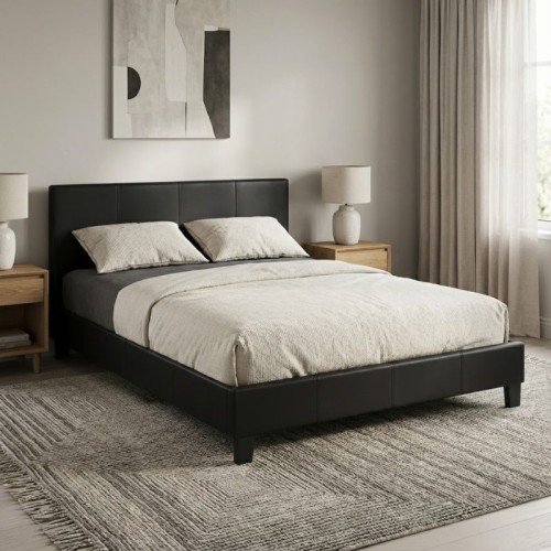 Κρεβάτι Flat Megapap από τεχνόδερμα χρώμα μαύρο ματ 150x200εκ.