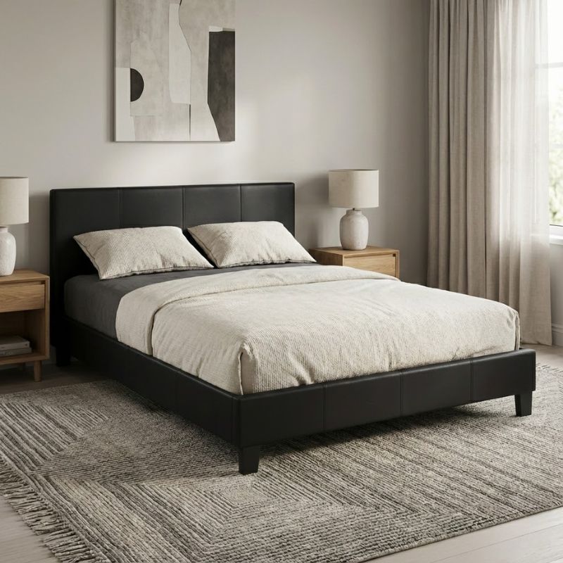 Κρεβάτι Flat Megapap από τεχνόδερμα χρώμα μαύρο ματ 150x200εκ.