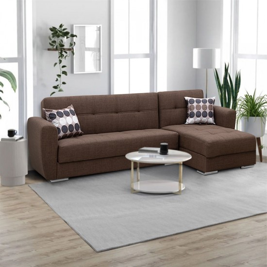 Γωνιακός καναπές - κρεβάτι Landon Megapap αναστρέψιμος υφασμάτινος με αποθηκευτικό χώρο χρώμα καφέ 256x60/115x90εκ.