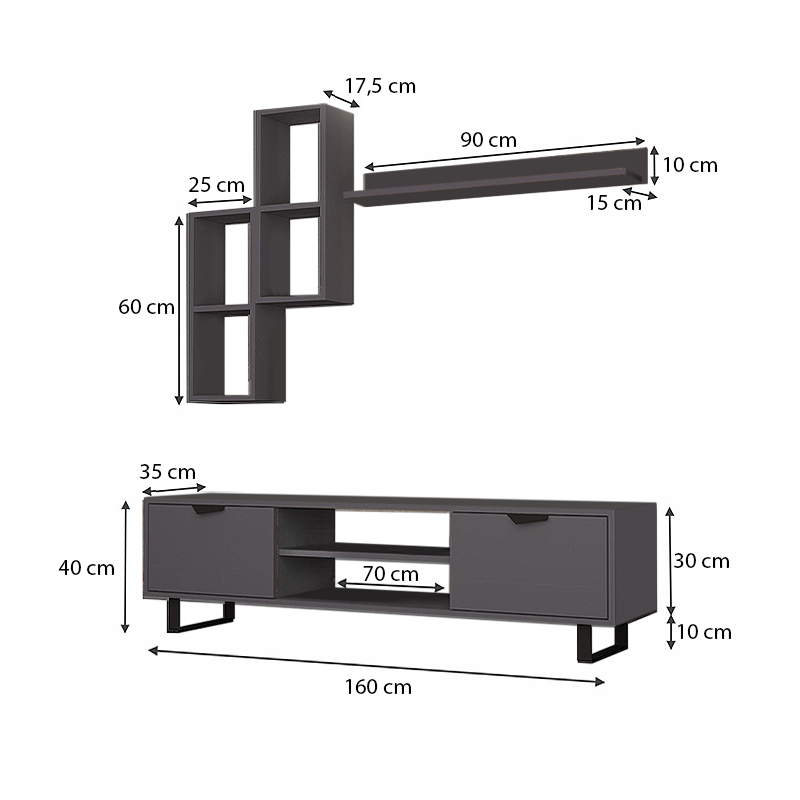 Σύνθεση τηλεόρασης Lonsa Megapap χρώμα ανθρακί 160x35x40εκ.