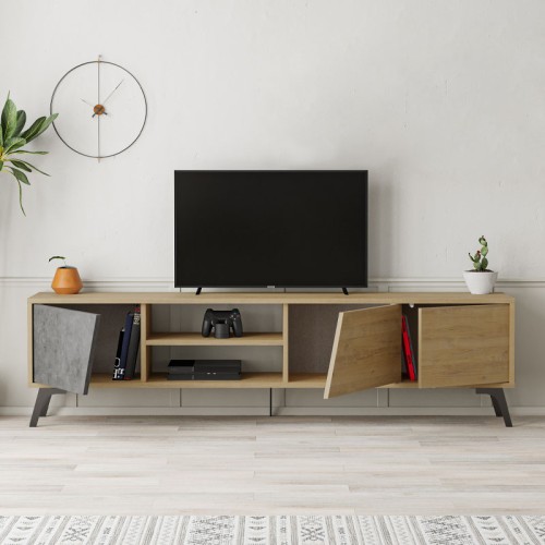 Έπιπλο τηλεόρασης Fiona Megapap χρώμα sapphire oak - γκρι ρετρό 180x35,6x48εκ.