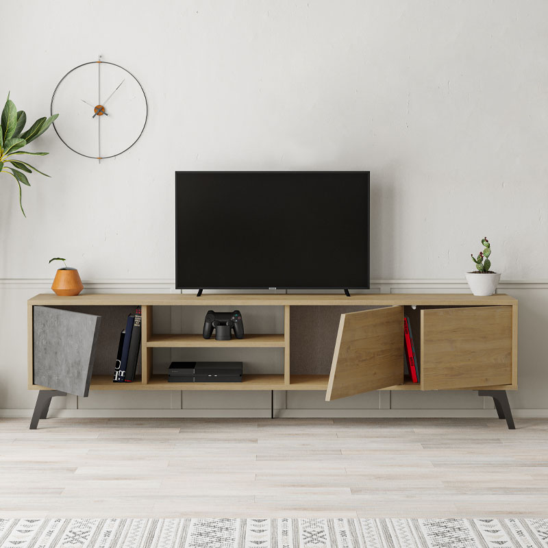 Έπιπλο τηλεόρασης Fiona Megapap χρώμα sapphire oak - γκρι ρετρό 180x35,6x48εκ.