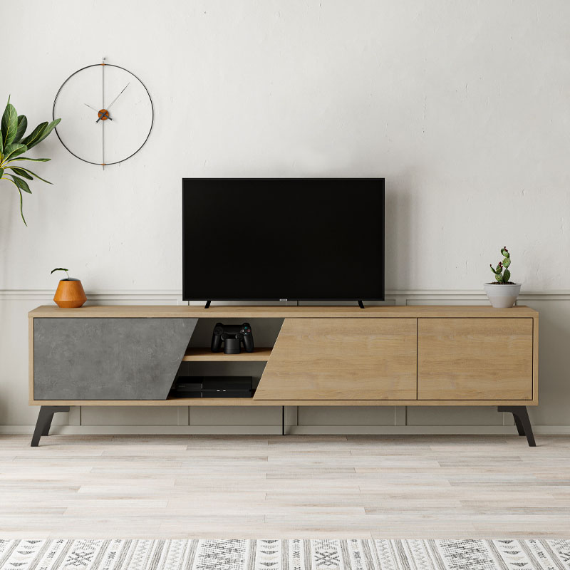 Έπιπλο τηλεόρασης Fiona Megapap χρώμα sapphire oak - γκρι ρετρό 180x35,6x48εκ.