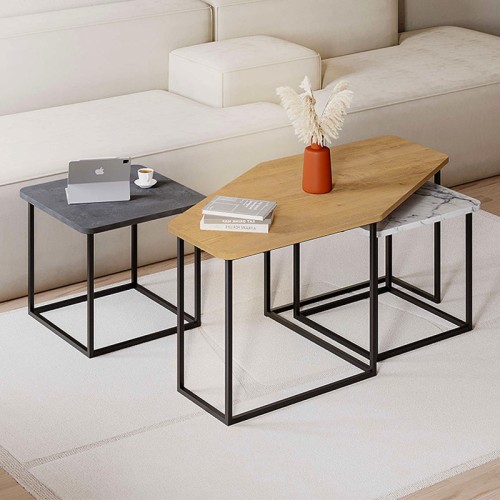 Τραπεζάκι σαλονιού σετ 3 τμχ. Nesty Megapap χρώμα saphhire oak - γκρι ρετρό - λευκό εφέ μαρμάρου 110x60x48εκ.