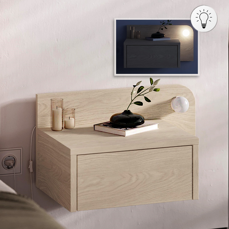 Κομοδίνο επιτοίχιο Dotta Megapap με LED χρώμα light oak 52x33,6x28εκ.