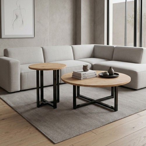 Τραπεζάκι σαλονιού σετ 2 τμχ Mesa Megapap χρώμα sapphire oak Ø90x35,5εκ.