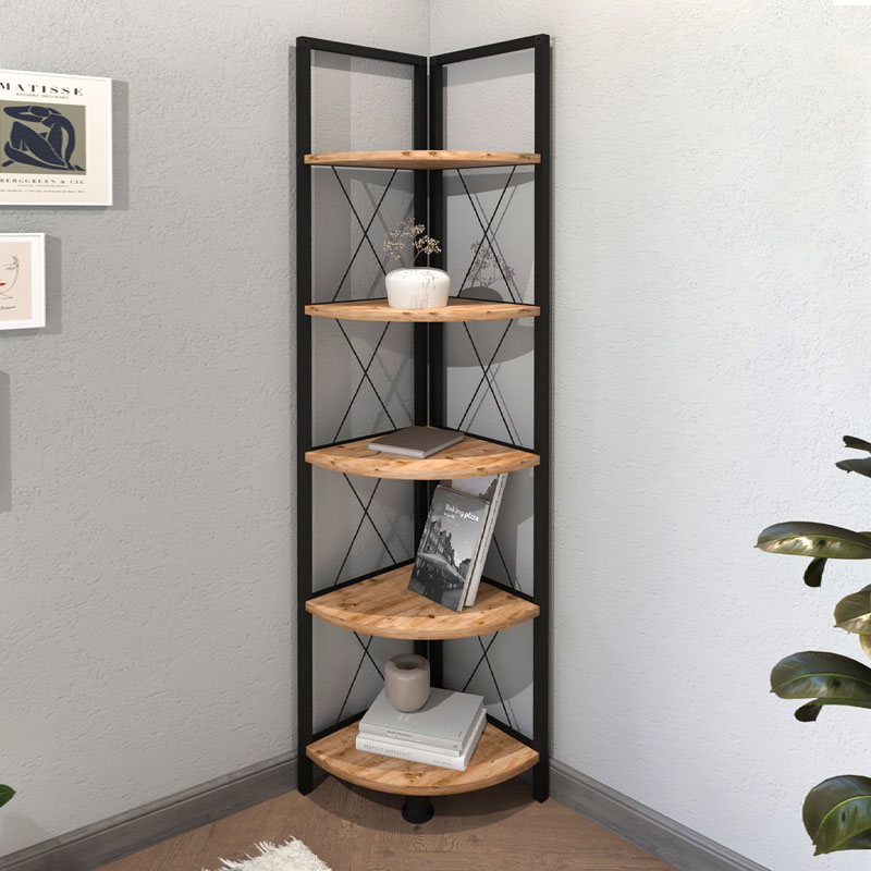 Βιβλιοθήκη γωνιακή Kelsie Megapap χρώμα μαύρο - pine oak 33x33x162εκ.