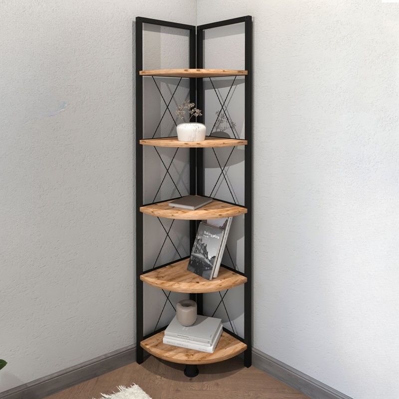 Βιβλιοθήκη γωνιακή Kelsie Megapap χρώμα μαύρο - pine oak 33x33x162εκ.