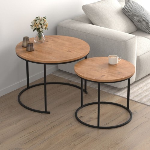 Τραπεζάκι σαλονιού σετ 2 τμχ Hilal Megapap χρώμα pine oak Ø66x49,5εκ.