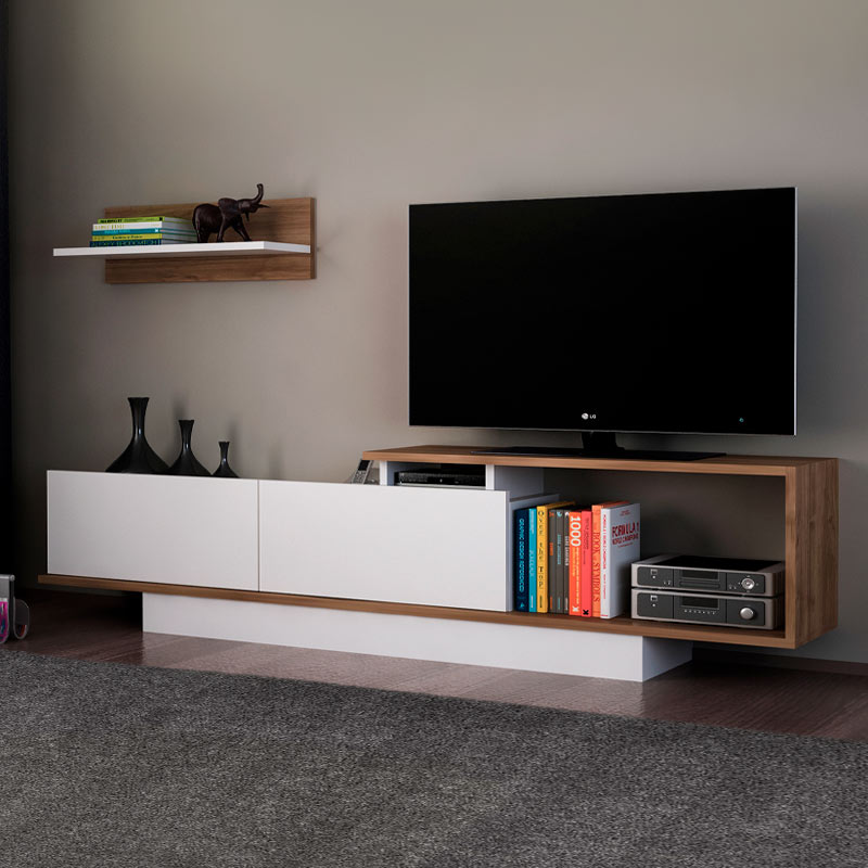 Έπιπλο τηλεόρασης Novara Megapap χρώμα λευκό - καρυδί 180x29,6x45εκ.