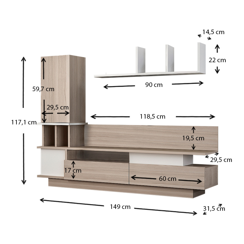 Σύνθεση τηλεόρασης Almeria Megapap χρώμα λευκό - cordoba 149x29,5x117εκ.