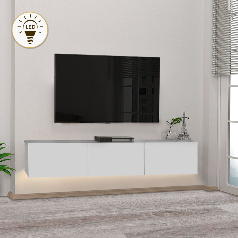 Έπιπλο τηλεόρασης επιτοίχιο Damla Megapap με LED χρώμα λευκό 180x29,5x29,5εκ.