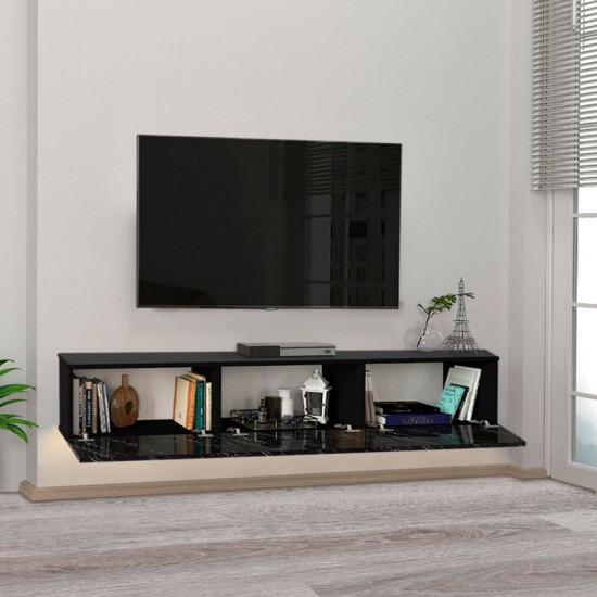 Έπιπλο τηλεόρασης επιτοίχιο Damla Megapap από μελαμίνη με LED χρώμα μαύρο εφέ μαρμάρου 180x29,5x29,5εκ.