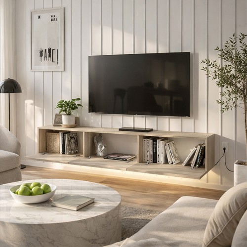 Έπιπλο τηλεόρασης επιτοίχιο Damla Megapap με LED χρώμα travertine 180x29,5x29,5εκ.