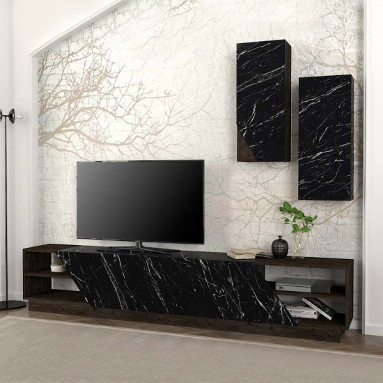 Σύνθεση τηλεόρασης River Megapap από μελαμίνη χρώμα μαύρο rebab - μαύρο εφέ μαρμάρου 240x36,6x47εκ.