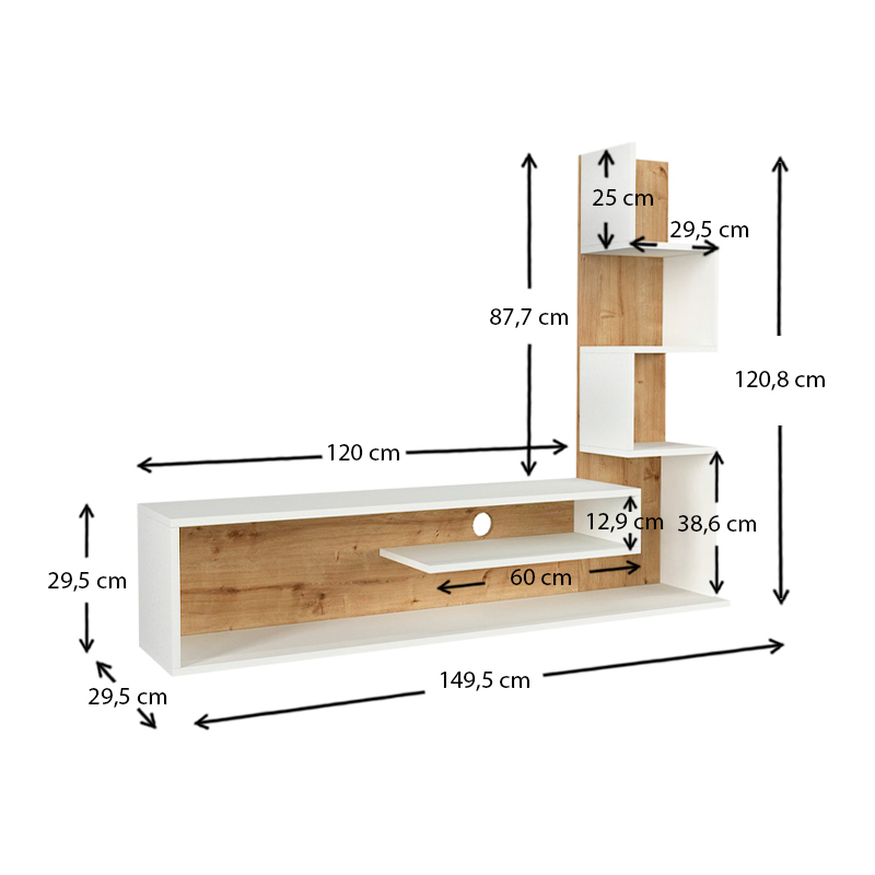Έπιπλο τηλεόρασης Metehan Megapap χρώμα λευκό - sapphire oak 149,5x29,5x120εκ.