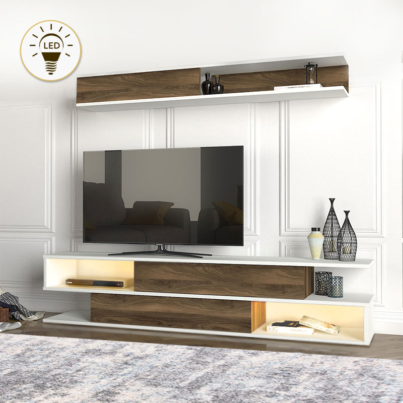 Σύνθεση τηλεόρασης Manet Megapap με LED χρώμα λευκό - καρυδί 180x29,5x39εκ.