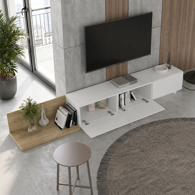 Έπιπλο τηλεόρασης Enstey Megapap επεκτεινόμενο χρώμα sapphire oak - λευκό 260x41,8x33,5εκ.
