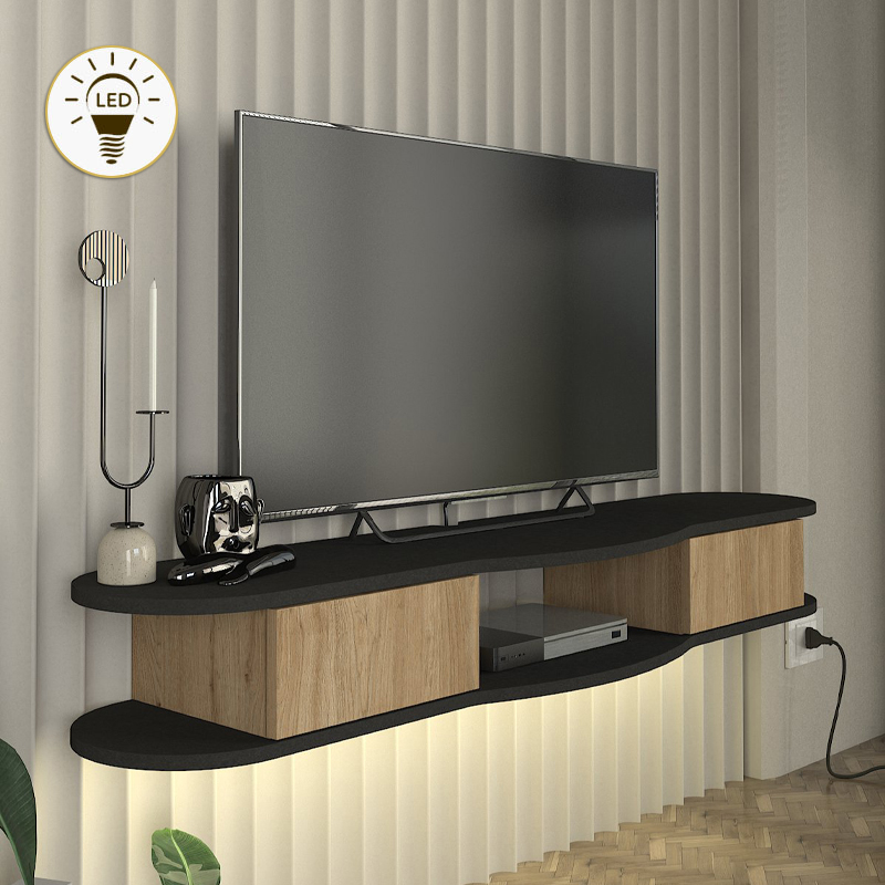 Έπιπλο τηλεόρασης επιτοίχιο Perk Megapap με LED χρώμα ανθρακί - sepet oak 150x35x19,2εκ.