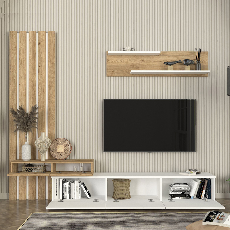 Σύνθεση τηλεόρασης Rosaline Megapap χρώμα λευκό - sepet oak 233x31,3x196,8εκ.