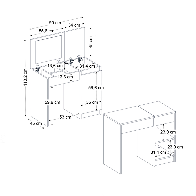 Τουαλέτα με καθρέπτη Huma Megapap χρώμα λευκό 90x45x118,2εκ.