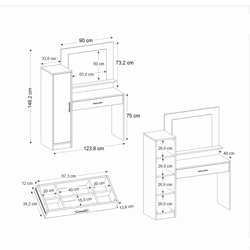 Τουαλέτα με καθρέπτη Kaunos Megapap χρώμα λευκό 123,8x40x148,2εκ.