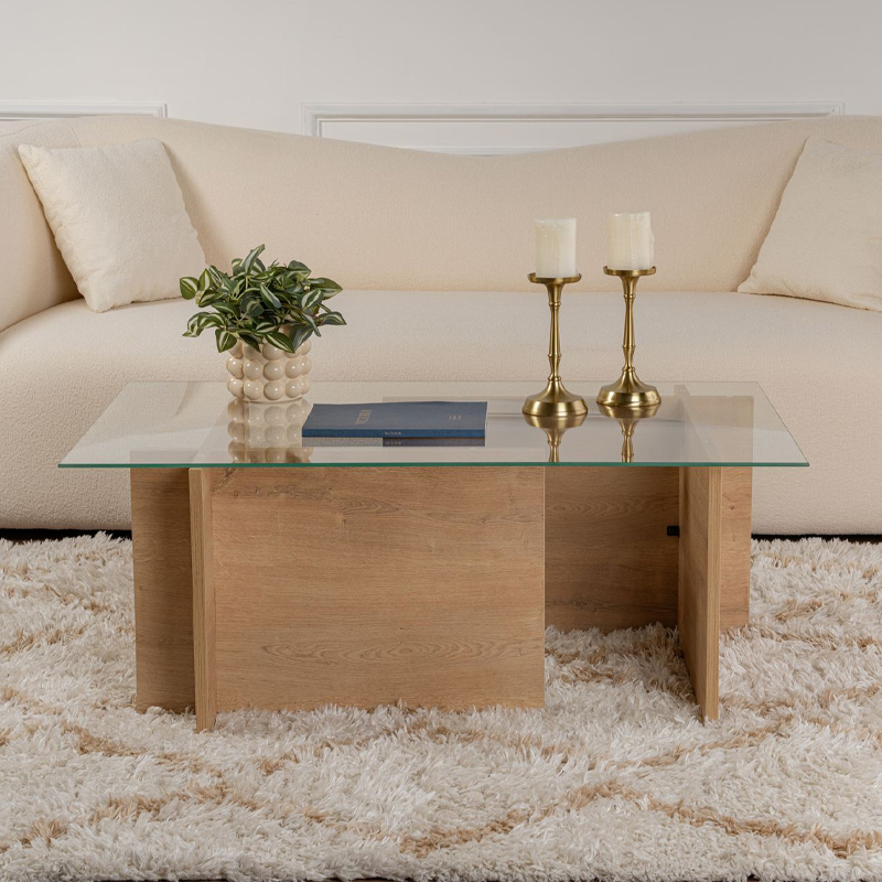 Τραπεζάκι σαλονιού Vetrino Megapap γυάλινο χρώμα honey oak 105x65x40εκ.