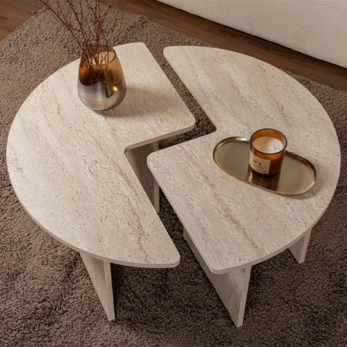 Τραπεζάκι σαλονιού σετ 2 τμχ Moira Megapap χρώμα travertine Ø90x41εκ.