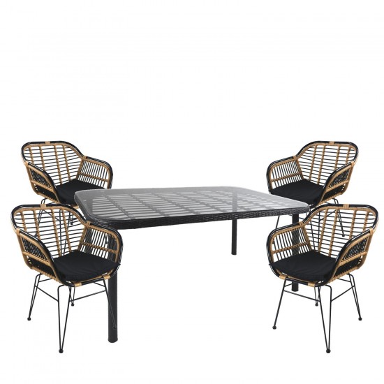 Σετ Τραπεζαρία Κήπου ArteLibre AMPIUS Μαύρο Μέταλλο/Rattan/Γυαλί Με 4 Καρέκλες 14990367