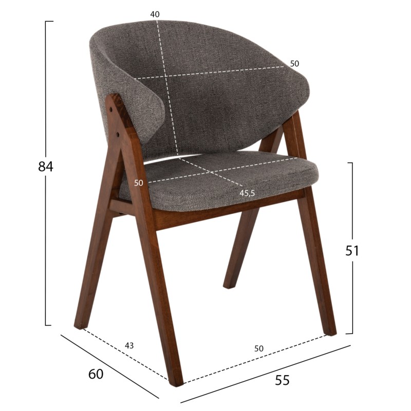 Σετ-2Τεμ.ΚΑΡΕΚΛΑ HANA HM9746.02 RUBBERWOOD ΣΕ ΚΑΡΥΔΙ ΧΡΩΜΑ-ΓΚΡΙ ΥΦΑΣΜΑ 55x60x84Yεκ.