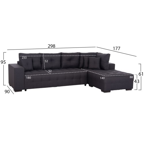 ΓΩΝΙΑΚΟΣ ΚΑΝΑΠΕΣ-ΚΡΕΒΑΤΙ ΜΕ ΑΠΟΘ.ΧΩΡΟ TRENDSTON HM3302.01R ΓΚΡΙ ΥΦΑΣΜΑ 298x177x95Υεκ