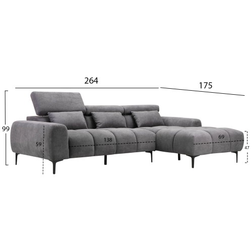 ΚΑΝΑΠΕΣ ΔΕΞΙΑ ΓΩΝΙΑ DIVYA HM3267.12R ΓΚΡΙ ΥΦΑΣΜΑ 260x100-174x104Υεκ.