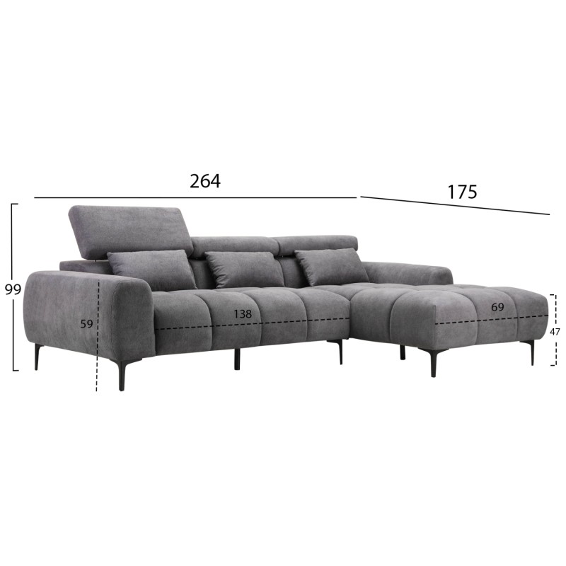 ΚΑΝΑΠΕΣ ΔΕΞΙΑ ΓΩΝΙΑ DIVYA HM3267.12R ΓΚΡΙ ΥΦΑΣΜΑ 260x100-174x104Υεκ.