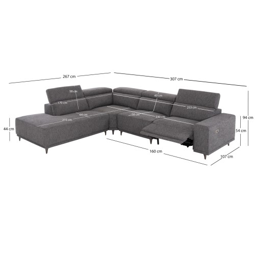 ΚΑΝΑΠΕΣ ΑΡΙΣΤΕΡΗ ΓΩΝΙΑ 5Θ ΜΕ RECLINE LUNARIS HM3316.01L ΓΚΡΙ ΥΦΑΣΜΑ 307x267x94Yεκ