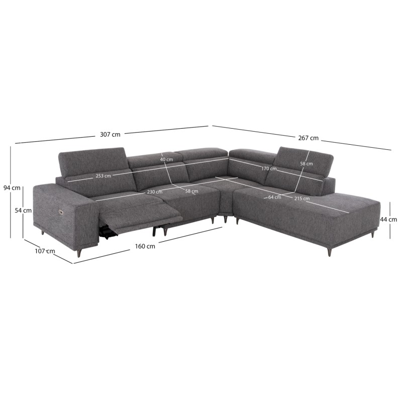 ΚΑΝΑΠΕΣ ΔΕΞΙΑ ΓΩΝΙΑ 5Θ ΜΕ RECLINE LUNARIS HM3316.01R ΓΚΡΙ ΥΦΑΣΜΑ 307x267x94Yεκ