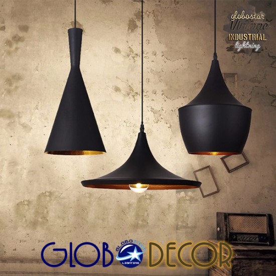 GloboStar® SHANGHAI BLACK 01025 SET 3 Μοντέρνα Κρεμαστά Φωτιστικά Οροφής Μονόφωτα Μαύρα Μεταλλικά Καμπάνα