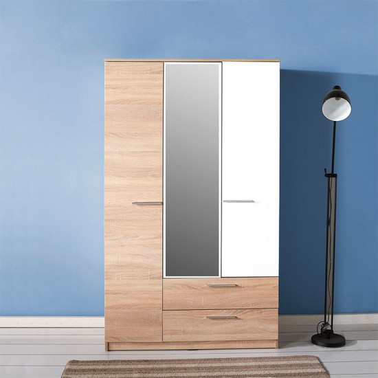 Ντουλάπα ρούχων Plus Megapap τρίφυλλη με καθρέφτη σε χρώμα sonoma - λευκό 109x52x184εκ.
