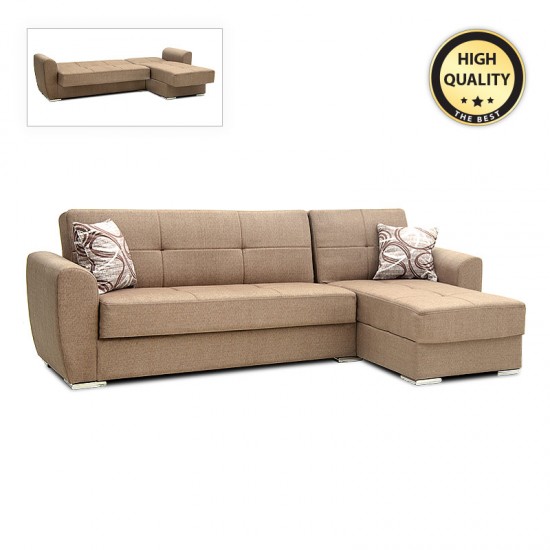 Γωνιακός καναπές - κρεβάτι Landon Megapap αναστρέψιμος υφασμάτινος με αποθηκευτικό χώρο σε μπεζ - ανοιχτό καφέ 256x60/115x90εκ.