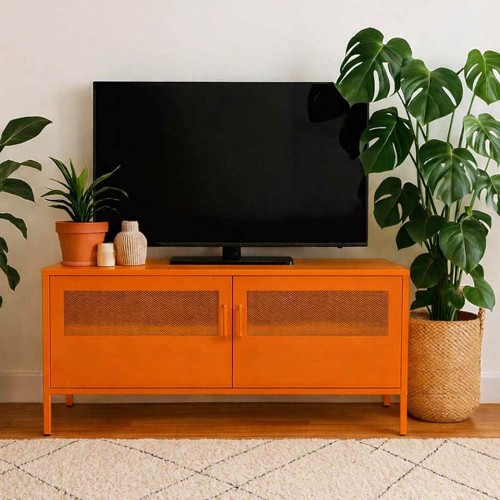 Έπιπλο τηλεόρασης μεταλλικό Nextdeco με ανοιγόμενες πόρτες πορτοκαλί Υ60x118x40εκ.