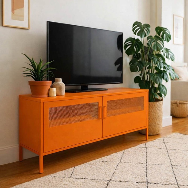 Έπιπλο τηλεόρασης μεταλλικό Nextdeco με ανοιγόμενες πόρτες πορτοκαλί Υ60x118x40εκ.