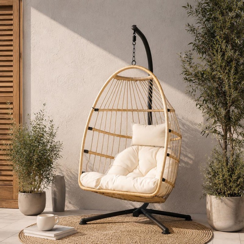 Κρεμαστή κούνια Nextdeco Wanda rattan με λευκά μαξιλάρια Υ110x85x62εκ.