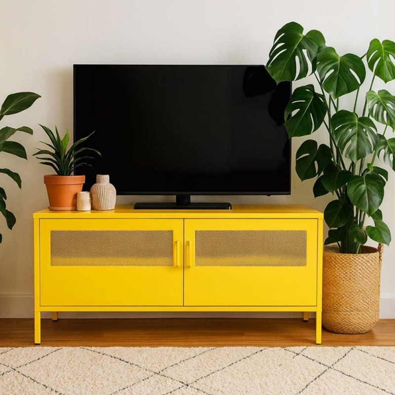 Έπιπλο τηλεόρασης μεταλλικό Nextdeco με ανοιγόμενες πόρτες κίτρινο Υ60x118x40εκ.