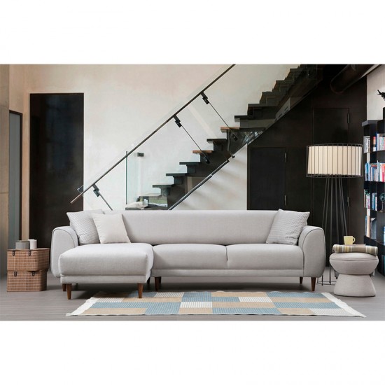 Γωνιακός καναπές κρεβάτι PWF-0523 pakoworld δεξιά γωνία ύφασμα μπεζ γκρι-καρυδί 287x169x85εκ