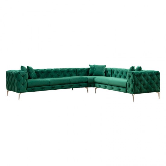 Γωνιακός καναπές με αριστερή γωνία PWF-0579 pakoworld τύπου Chesterfield ύφασμα πράσινο 310/270x70εκ