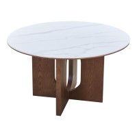 Τραπέζι Merge pakoworld sintered stone-mdf σε λευκό μαρμάρου με καρυδί βάση Φ130x75εκ