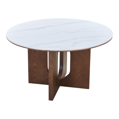 Τραπέζι Merge pakoworld sintered stone-mdf σε λευκό μαρμάρου με καρυδί βάση Φ130x75εκ