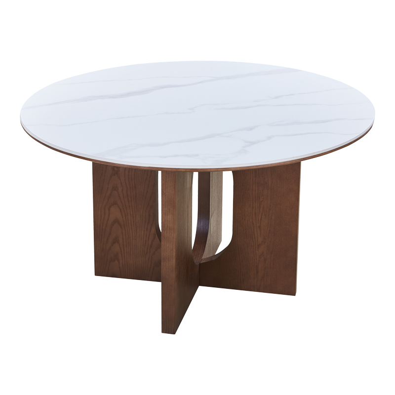 Τραπέζι Merge pakoworld sintered stone-mdf σε λευκό μαρμάρου με καρυδί βάση Φ130x75εκ