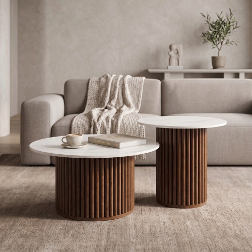 Τραπέζι σαλονιού Skerta pakoworld σετ 2τεμ λευκό sintered stone mdf με καρυδί βάση