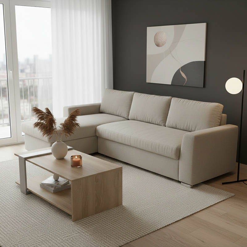 Γωνιακός καναπές-κρεβάτι δεξιά γωνία Belle pakoworld μπεζ 236x164x88εκ