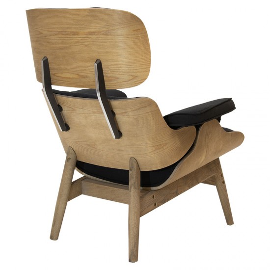 Πολυθρόνα-υποπόδιο relax Mirto pakoworld μασίφ ξύλο καρυδί-ύφασμα μαύρο 80x80x96,5εκ